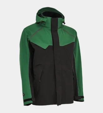 Elka Regenjacke in Grün-Schwarz mit Kapuze, hohem Kragen und verdecktem Frontreißverschluss – robuste, wetterfeste Arbeitsjacke für den Outdoor-Einsatz